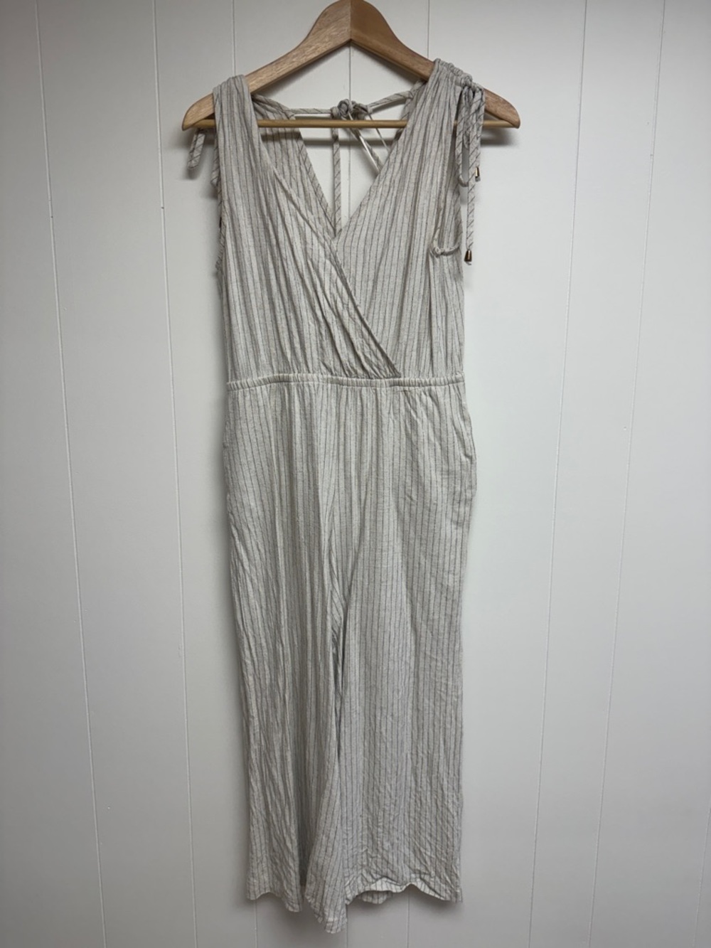 Lightweight Beige Striped Tie-Shoulder Jumpsuit